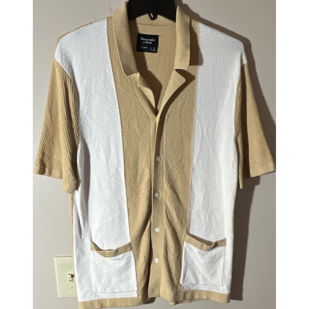 Abercrombie & Fitch Mens S Colorblock Beige White SS Spread Collar Preppy - Picture 2 of 7